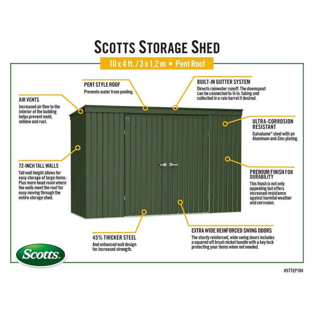 Scotts 10' x 4' Green Galvanized Steel Garden Storage Shed