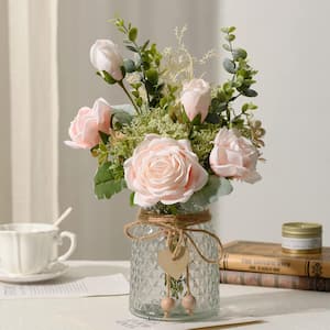 12 .5 in. H Light Pink Artificial Silk Roses Flowers in Vase