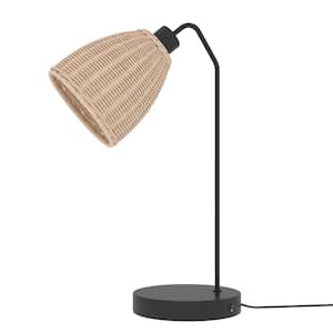 Heideman 19 in. Painted Black Table Lamp with Rattan Lampshade and USB Socket