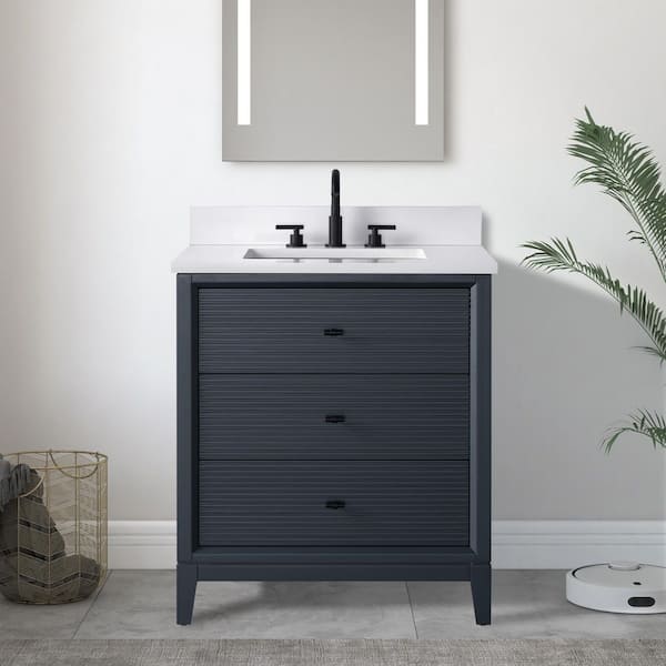 30 in. W x 22 in. D Single Sink Freestanding Vintage Spruce Blue Bath Vanity Cabinet with White Engineered Marble Top