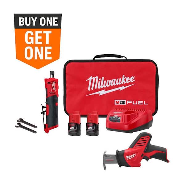 M12 FUEL 12V Lithium-Ion Brushless Cordless 1/4 in. Straight Die Grinder Kit w Two 2.0 Ah Batteries & Reciprocating Saw