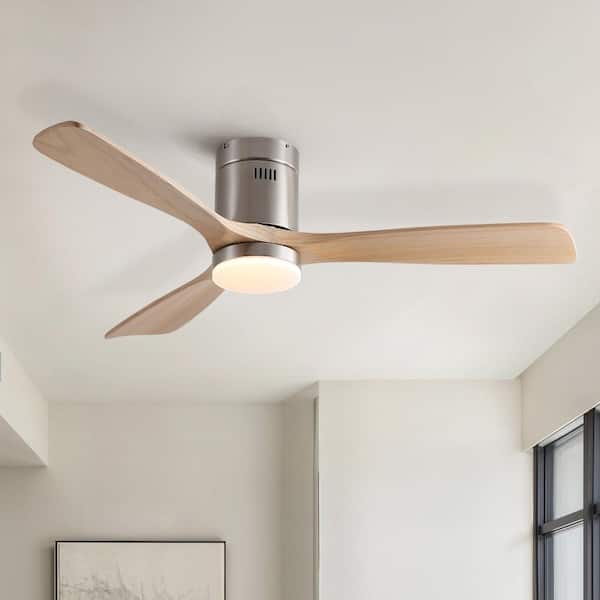 52inch Brushed Nickel Mordern Cozy Natural Style Solid Wood Flush Mount Intergrated LED Ceiling Fan with Light