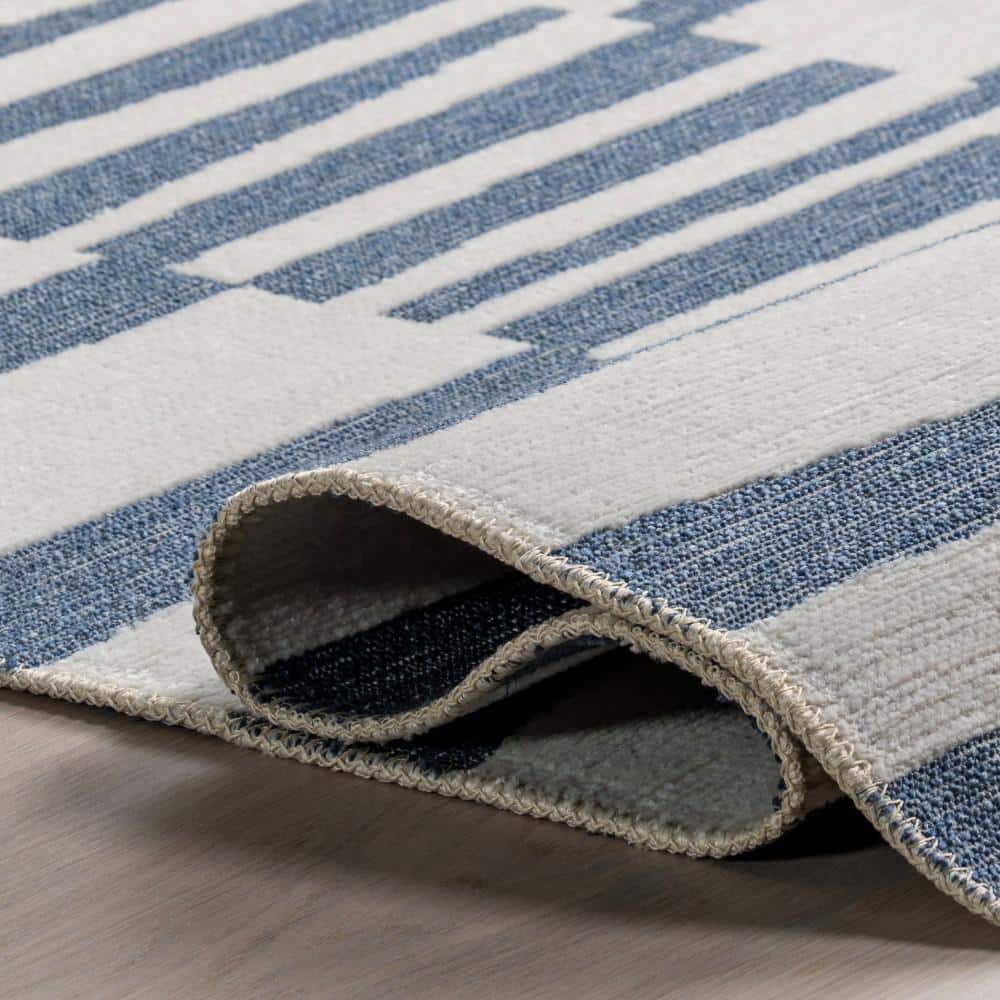 Kelcey Blue and White Abstract Rectangular Washable Rug