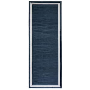 Everest Navy Creme 2 ft. 2 in. x 6 ft. Machine Washable Geometric Modern Border Polyester Non-Slip Backing Area Rug