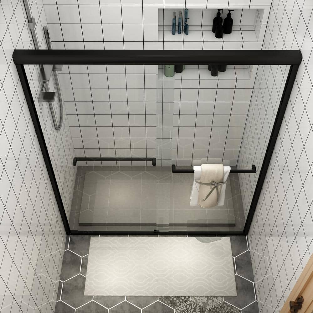 Black Double-Sliding Glass Shower Door with Stainless Steel Handles