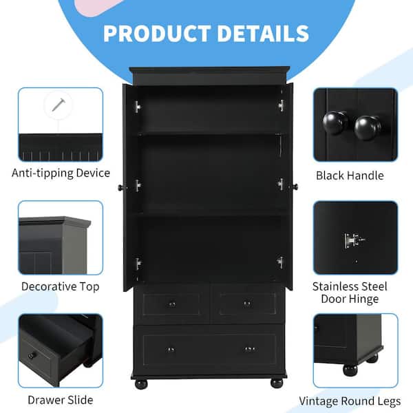 30.60 in. W x 15.80 in. D x 62.70 in. H Black MDF Freestanding Storage Cabinet Linen Cabinet with Adjustable Shelves
