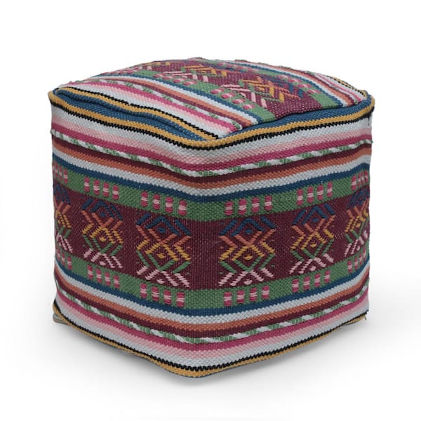 Noble House Rawson Pink, Green, and Multi-White Peruvian Print Cube Pouf