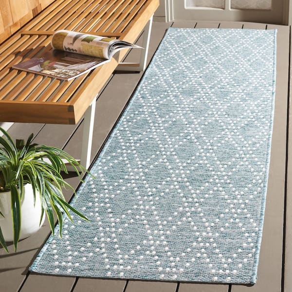 Sunset Aqua/Beige 2 ft. x 8 ft. Geometric Diamond Indoor/Outdoor Runner Rug