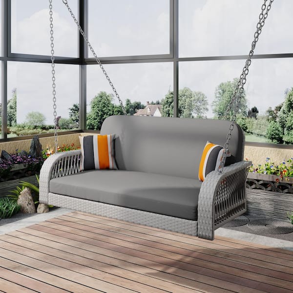HomeAura 2-Person White Wicker Porch Swing with Gray Cushions