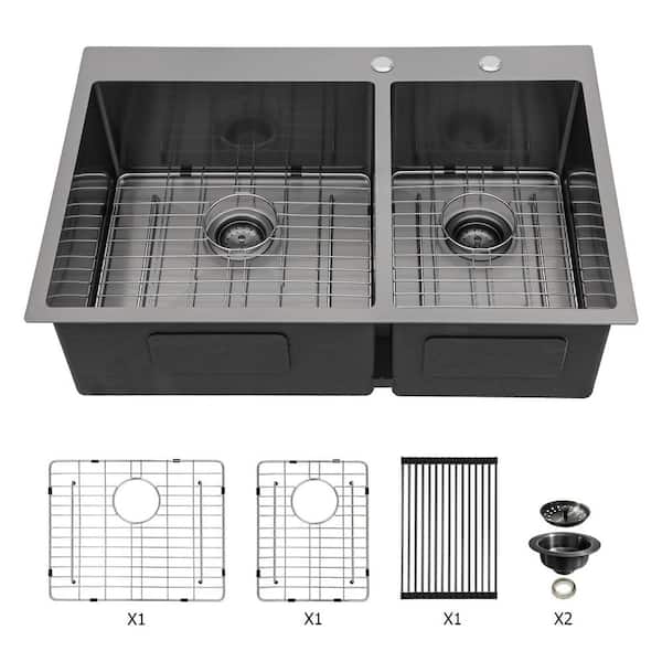 33 in. Drop in Double Bowl (60/40) 16-Gauge Gunmetal Black Stainless Steel Kitchen Sink with Bottom Grids
