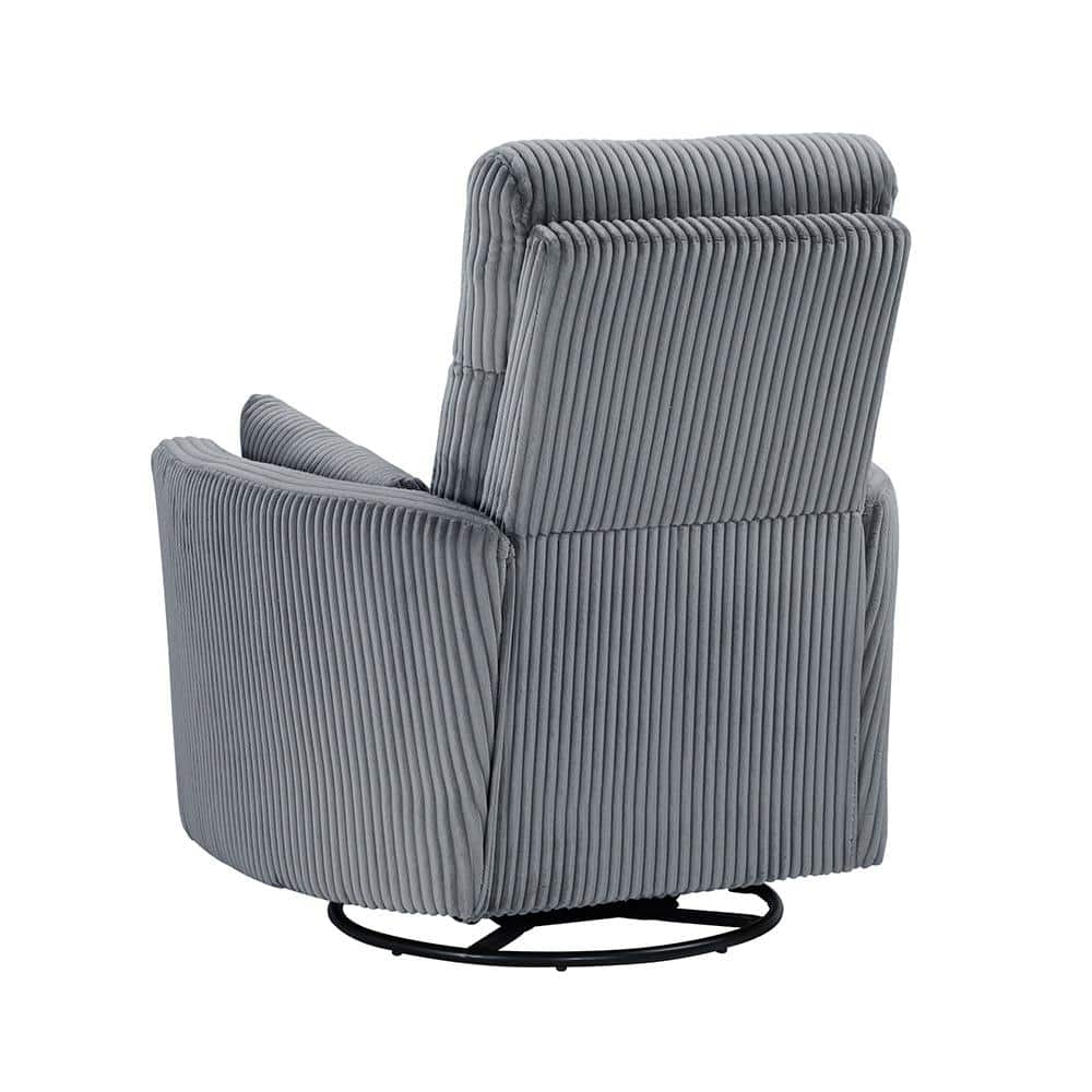 Gray Corduroy Swivel Glider Recliner with Wood Accents
