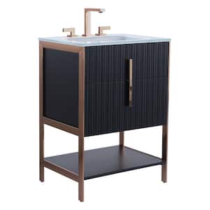 24 in. W x 18 in. D x 33.5 in. H Bath Vanity in Black Matte with Glass Vanity Top in White with Gold Hardware