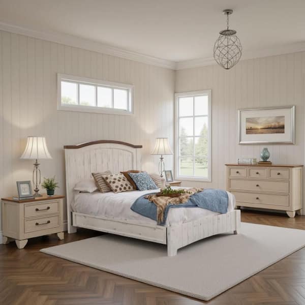 Benjara Ata Antiqued White Wood Frame Queen Size Panel Bed with Solid Pine Wood