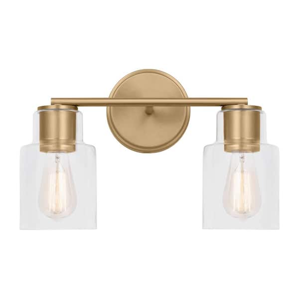 SCOTT LIVING Sayward 14.125 in. W x 9.625 in. H 2-Light Satin Brass Bathroom Vanity Light with Clear Glass Shades