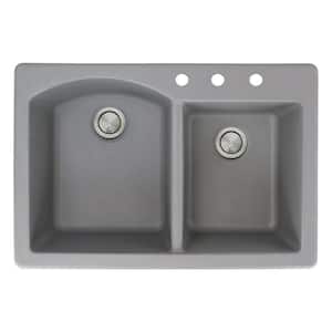 Aversa Drop-in Granite 33 in. 3-Hole 1-3/4 D-Shape Double Bowl Kitchen Sink in Grey