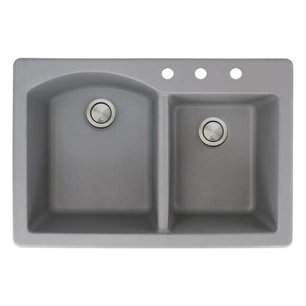 Transolid Aversa Drop-in Granite 33 in. 3-Hole 1-3/4 D-Shape Double Bowl Kitchen Sink in Grey