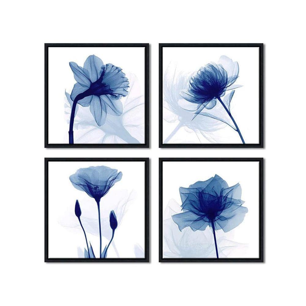 4 Piece Black Plastic Framed Blue Flickering Flower Wall Canvas