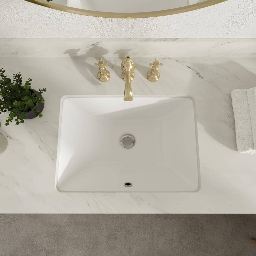White Ceramic Rectangular Undermount Bathroom Sink with Overflow