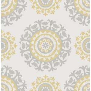 Grey And Yellow Suzani Vinyl Peel & Stick Wallpaper Roll (Covers 30.75 Sq. Ft.)