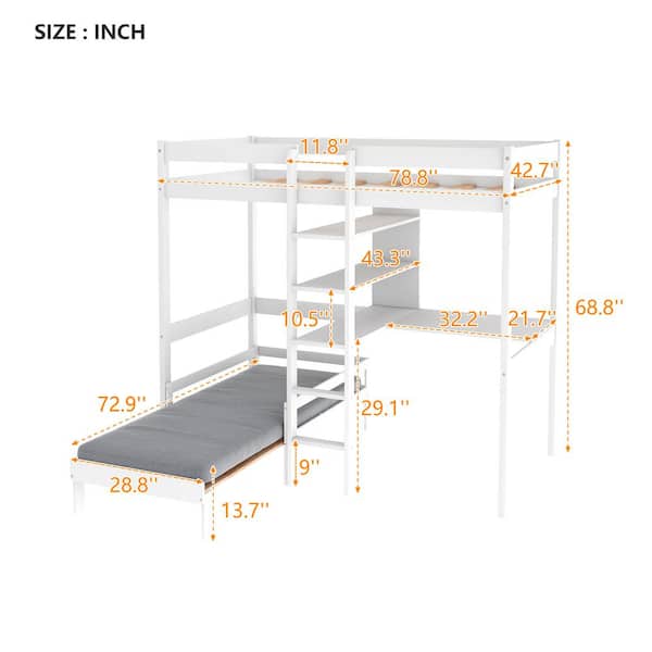 Qualfurn White Convertible Loft Bed, Ladder Dimensions For Bunk Bed