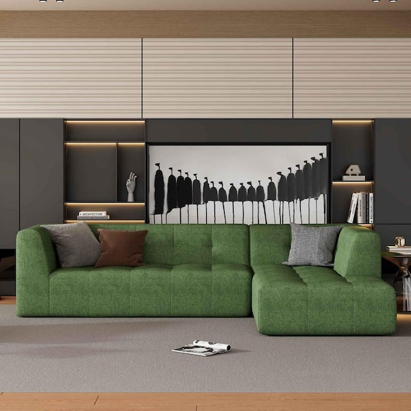 Polibi 110.2 in. Square Arm Chenille L-Shaped Sofa in Green