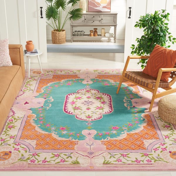 Bellagio 11 ft. x 15 ft. Blue/Pink Floral Border Area Rug