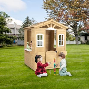 Outdoor Wooden Playhouse for Kids Garden Adventures Cottage, with Working Door, Windows, Flowers Pot Holder