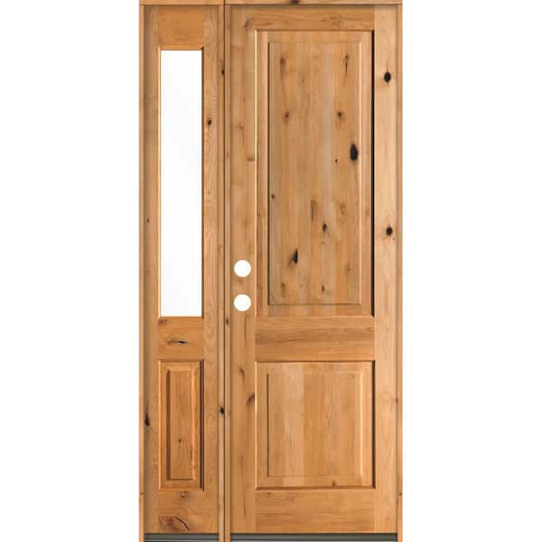 Krosswood Doors 44 in. x 96 in. Rustic knotty alder 2-Panel Sidelite Right-Hand/Inswing Clear Glass Clear Stain Wood Prehung Front Door