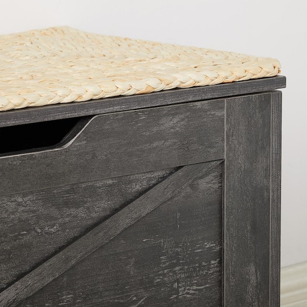 Storage Ottoman Bench, 30 in. Gray Wooden Toy Storage Box Chest with Safety Hinge, Shoe Bench with U-Shaped Cut-Out Pull