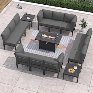 15-Piece Metal Patio Conversation Set with 55000 BTU Gas Fire Pit Table and Glass Coffee Table and Grey Cushions