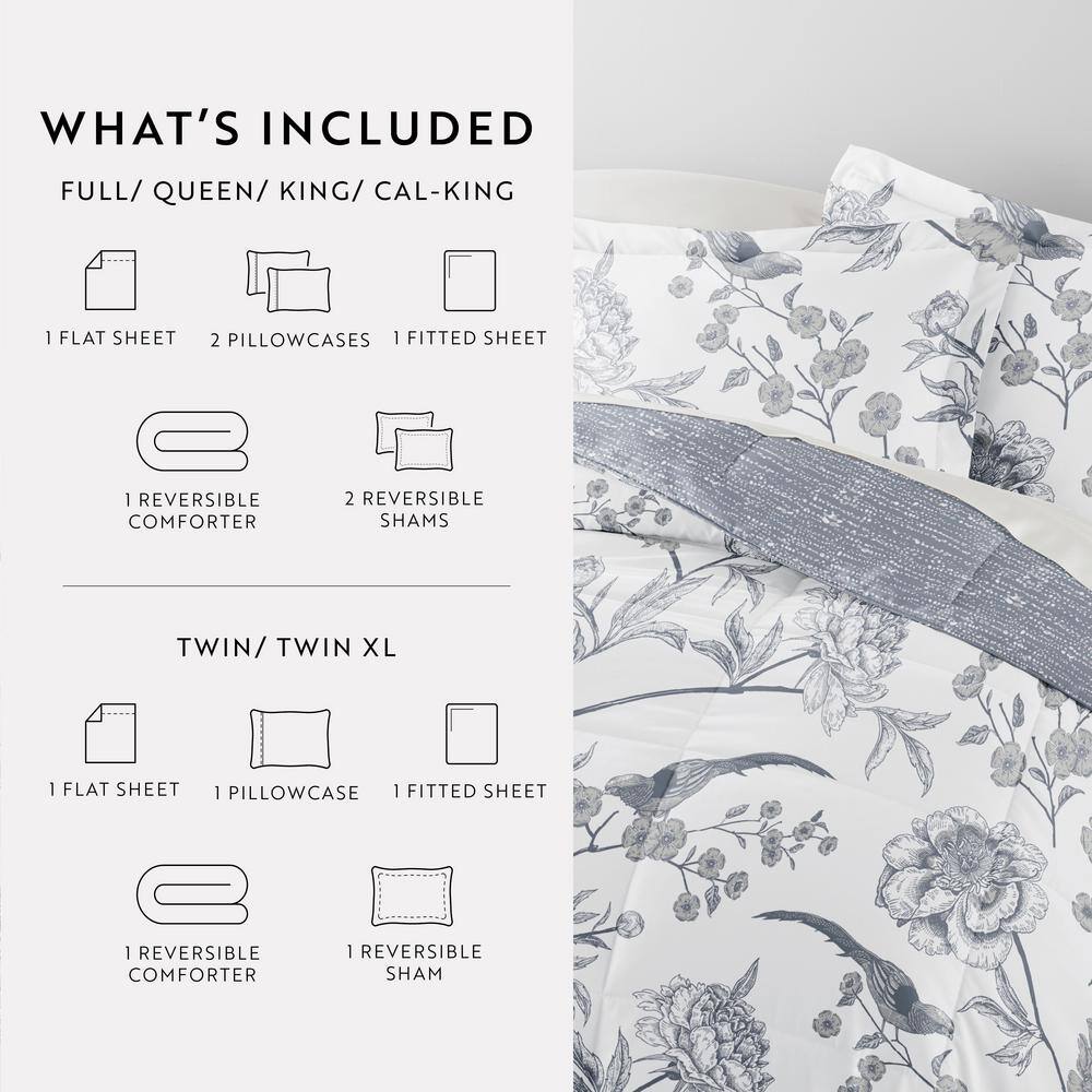 Full Blue Floral Microfiber Comforter and Sheet Set