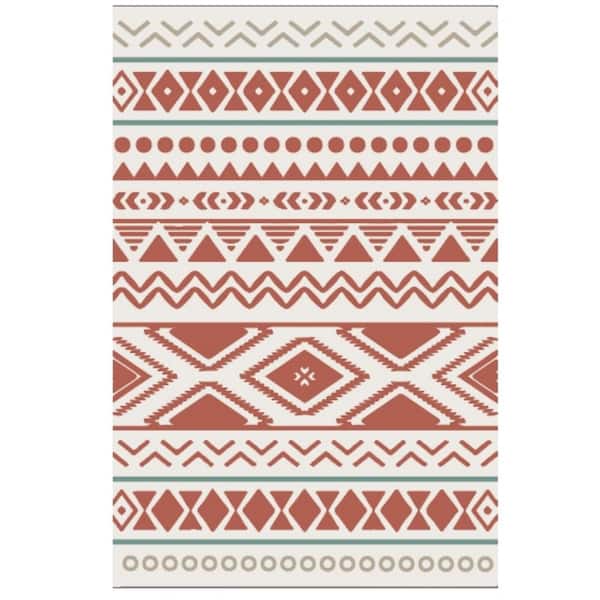 Angel Sar 4 ft. x 6 ft. Outdoor Stylish Rug for Patio Camping, Waterproof Area Matting for Porch Balcony Picnic (Red Beige)