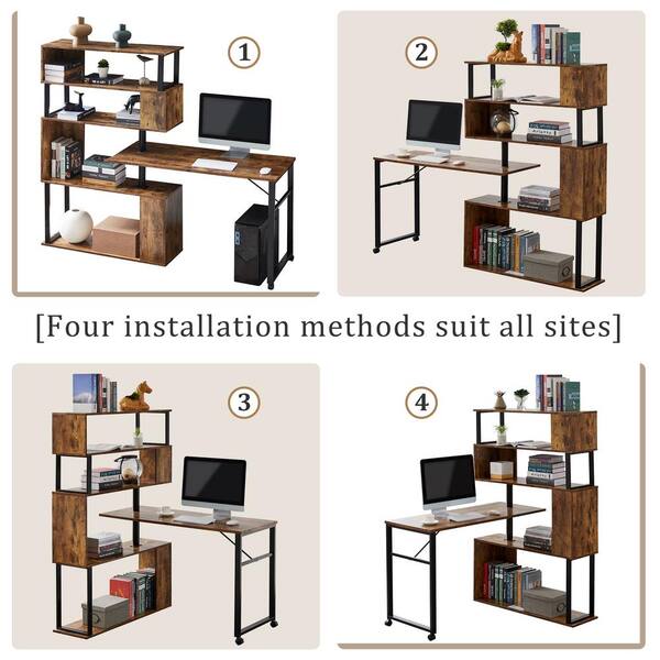 47.2 Walnut Desk with Hutch L-Shaped Rotating Desk with Bookshelf