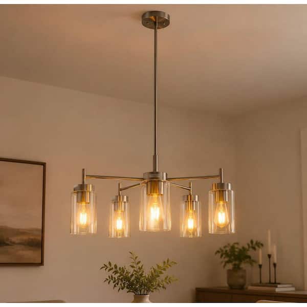 5-Light Pendant Light Perfect for Kitchen or Bedroom in Brushed Nickel with Clear Glass Shades