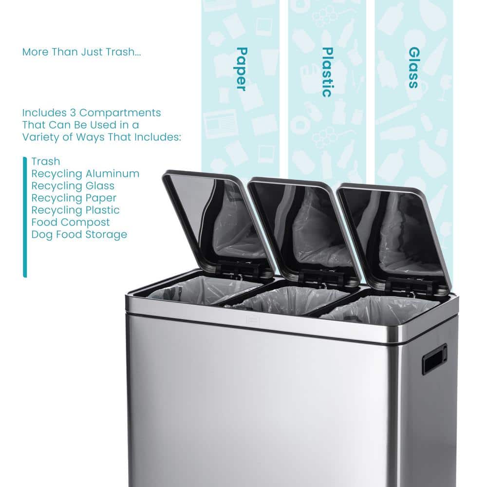 15.9 Gallon Stainless Steel Triple Compartment Pedal Trash Can