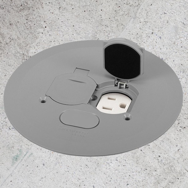 Low-Profile Round Floor Box Outlet Cover with 2 Lift Lids, Gray