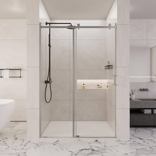 60 in. W x 72 in. H Single Sliding Frameless Shower Door in Silver, 1/4 in. Clear Tempered Glass