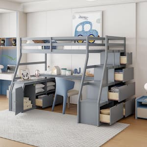 Gray Full Size Loft Bed with Built-In Desk, 7-Drawers, 2-Shelves