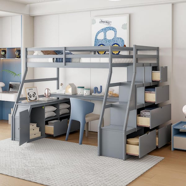 Harper & Bright Designs Gray Full Size Loft Bed with Built-In Desk, 7-Drawers, 2-Shelves