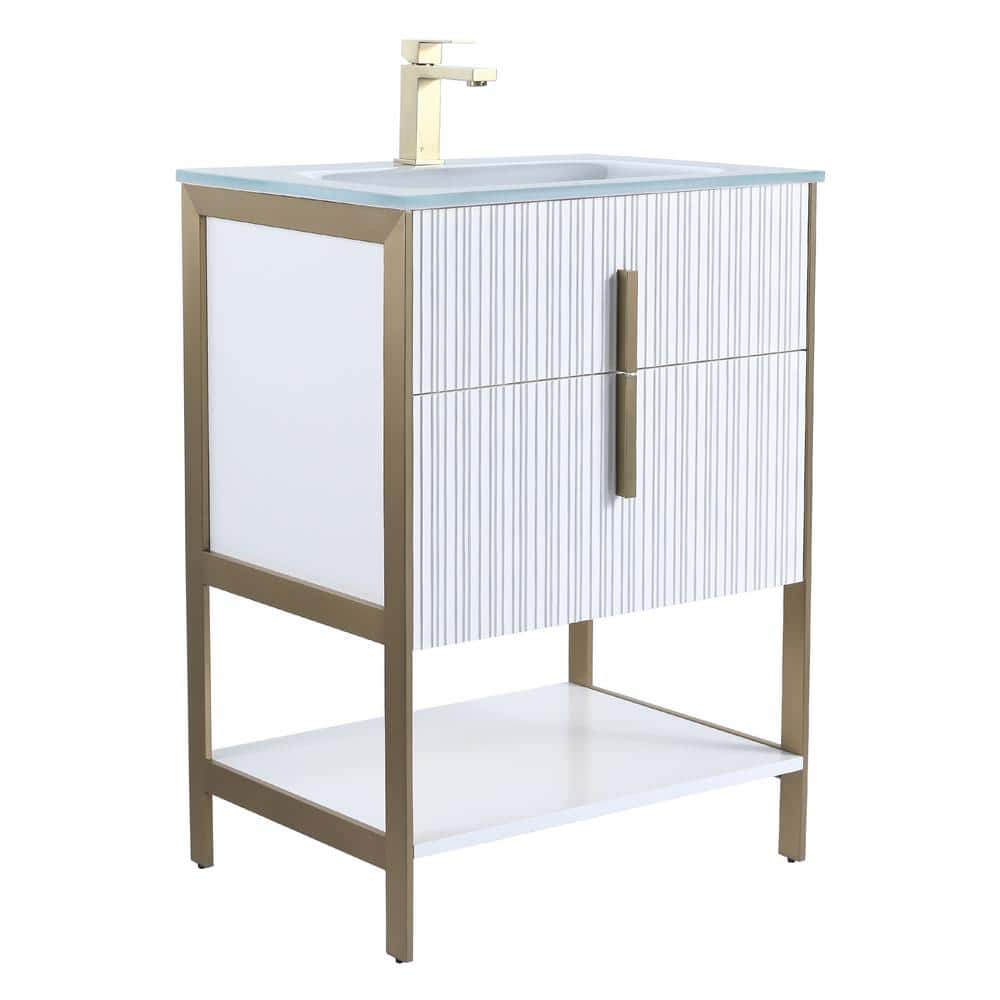 24 in. W x 18 in. D x 33.5 in. H Bath Vanity in White with White Glass Single Hole Top Sink with Satin Brass Hardware price history on PriceWatchPro