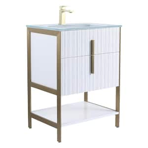 24 in. W x 18 in. D x 33.5 in. H Bath Vanity in White with White Glass Single Hole Top Sink with Satin Brass Hardware