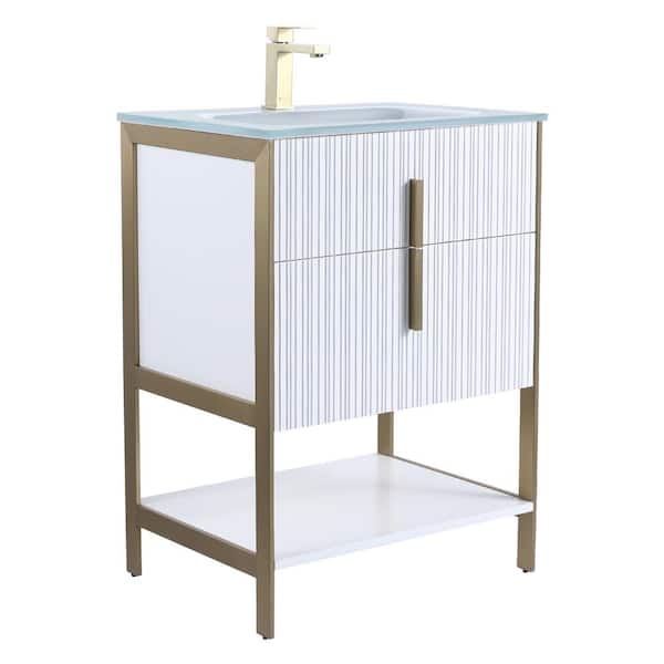 FINE FIXTURES 24 in. W x 18 in. D x 33.5 in. H Bath Vanity in White with White Glass Single Hole Top Sink with Satin Brass Hardware