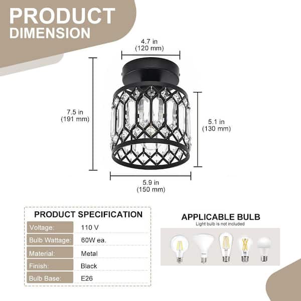 Emeritpro 7.5 in. 1-Light Matte Black Globe Semi-Flush Mount