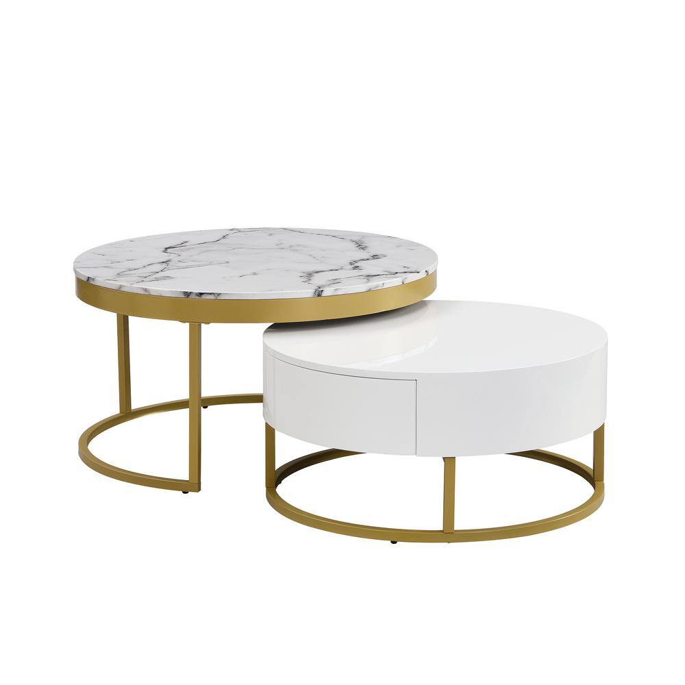 Polibi 31.50 in. White/Gold Round MDF Top Nesting Coffee Table with Drawers RSW05CDW1 The