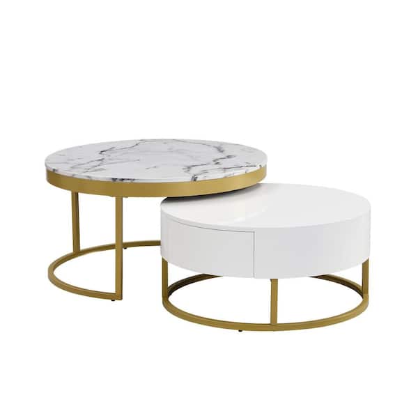 Polibi 31.50 in. White/Gold Round MDF Top Nesting Coffee Table with Drawers