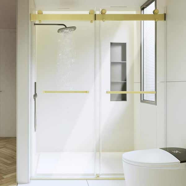 60 in. W x 76 in. H Sliding Tub Door in Gold with Clear Glass