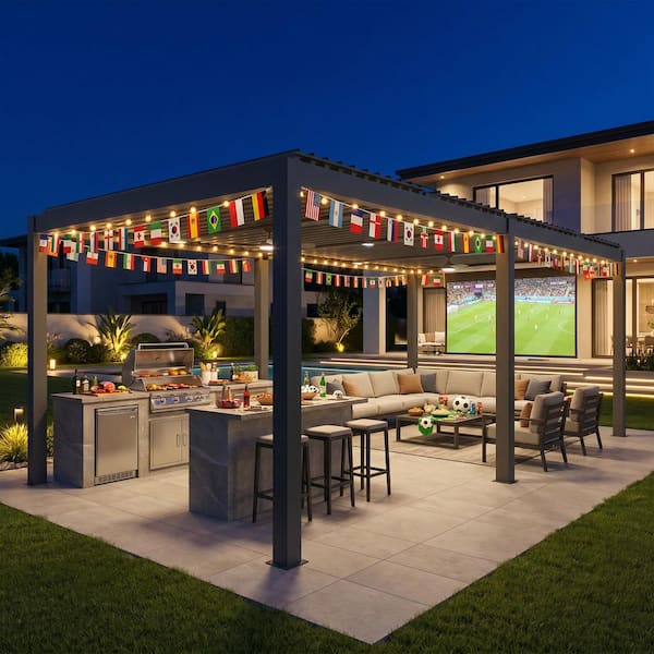 13 ft. x 26 ft. Dark Gray Aluminum Outdoor Patio Louvered Pergola with Built-In Solar Panel, Ceiling Fan and LED Lights