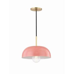 Avery 1-Light 11 in. W Aged Brass Pendant with Pink Metal Shade