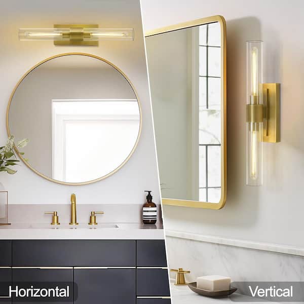 23 in. 2-Light Brass Bathroom Vanity Glass Tube Wall Sconce, Dimmable Vertical and Horizontal Linear Wall Light(1-Piece)