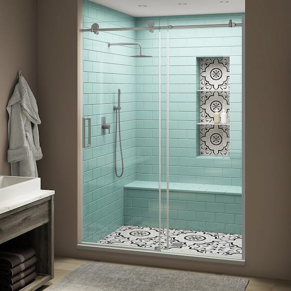 Aston Coraline XL 52 - 56 in. x 80 in. Frameless Sliding Shower Door with StarCast Clear Glass in Stainless Steel Left Hand